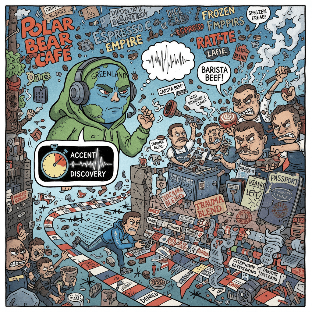 greenland accent discovery speedruns into geopolitics then barista trauma