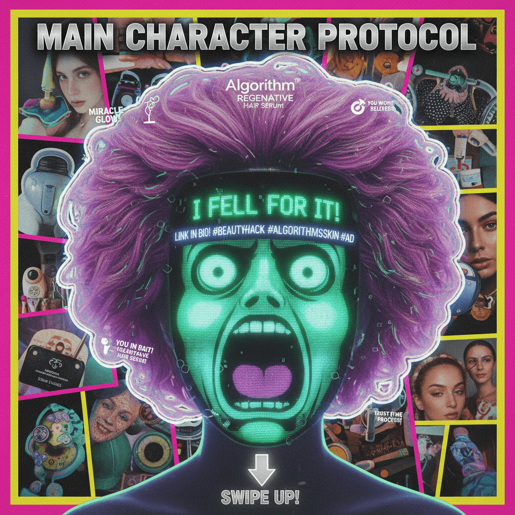 LED mask face screams 'I fell for the algorithm' while hair looks suspiciously photoshopped