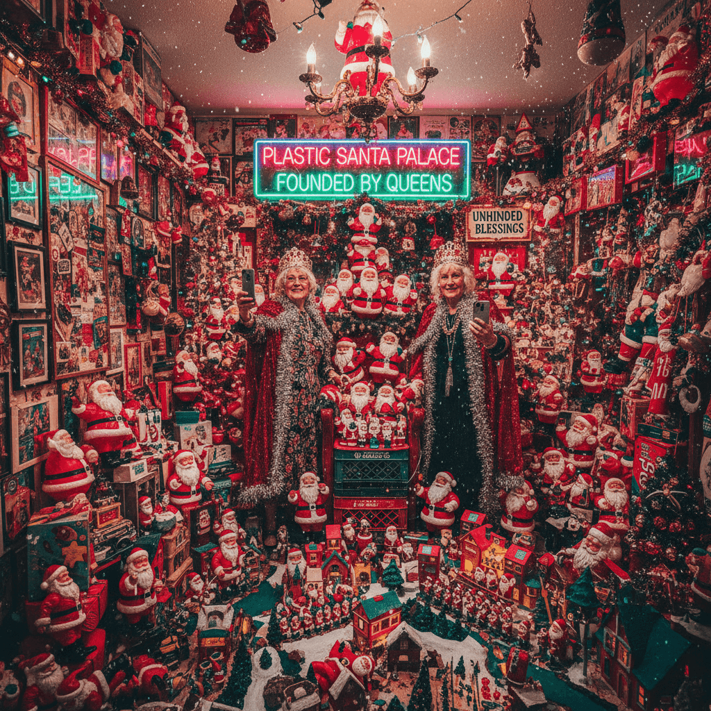 Two queens and their kingdom of plastic Santas, absolutely unhinged