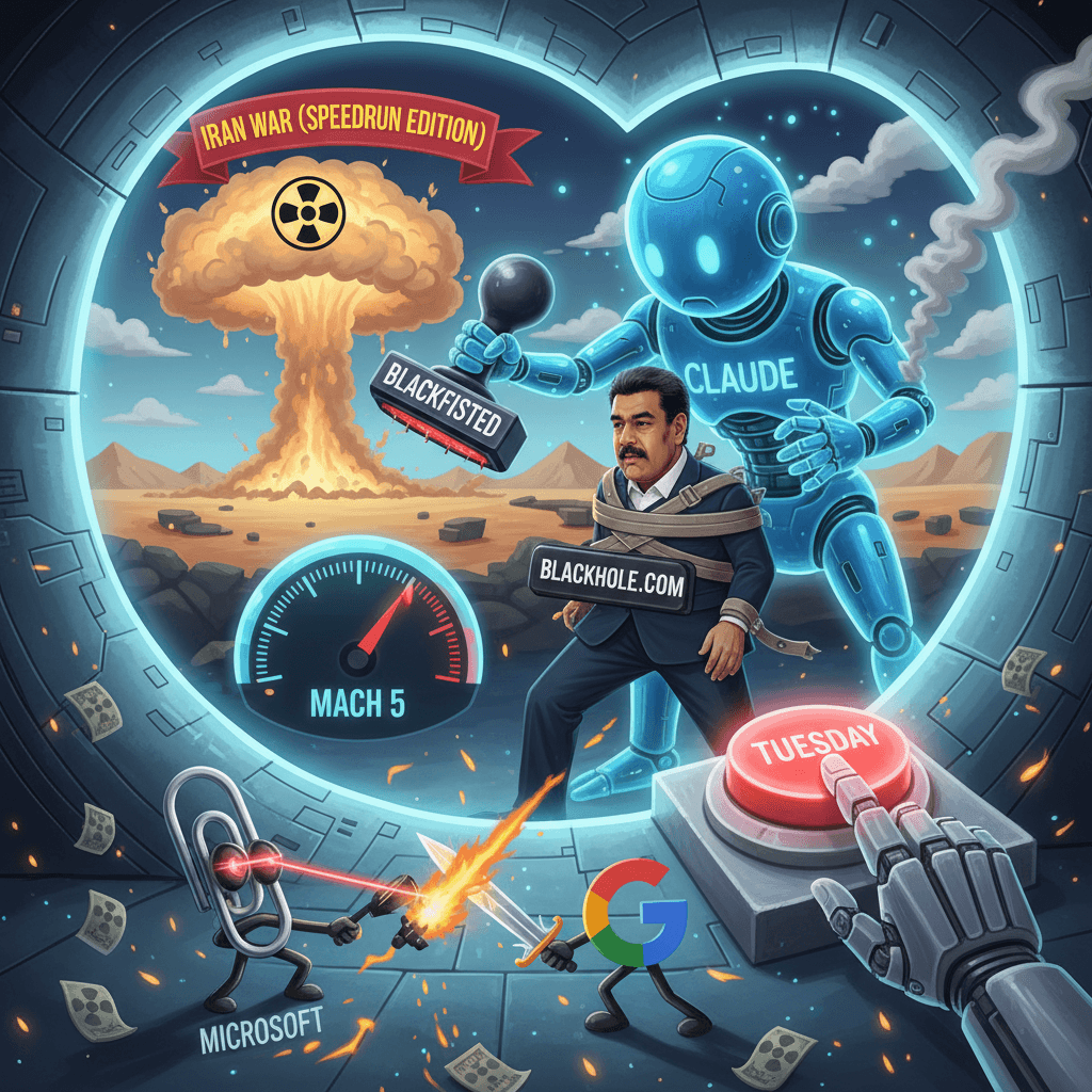 Claude captures Maduro, gets blacklisted, triggers Iran war. Tuesday.