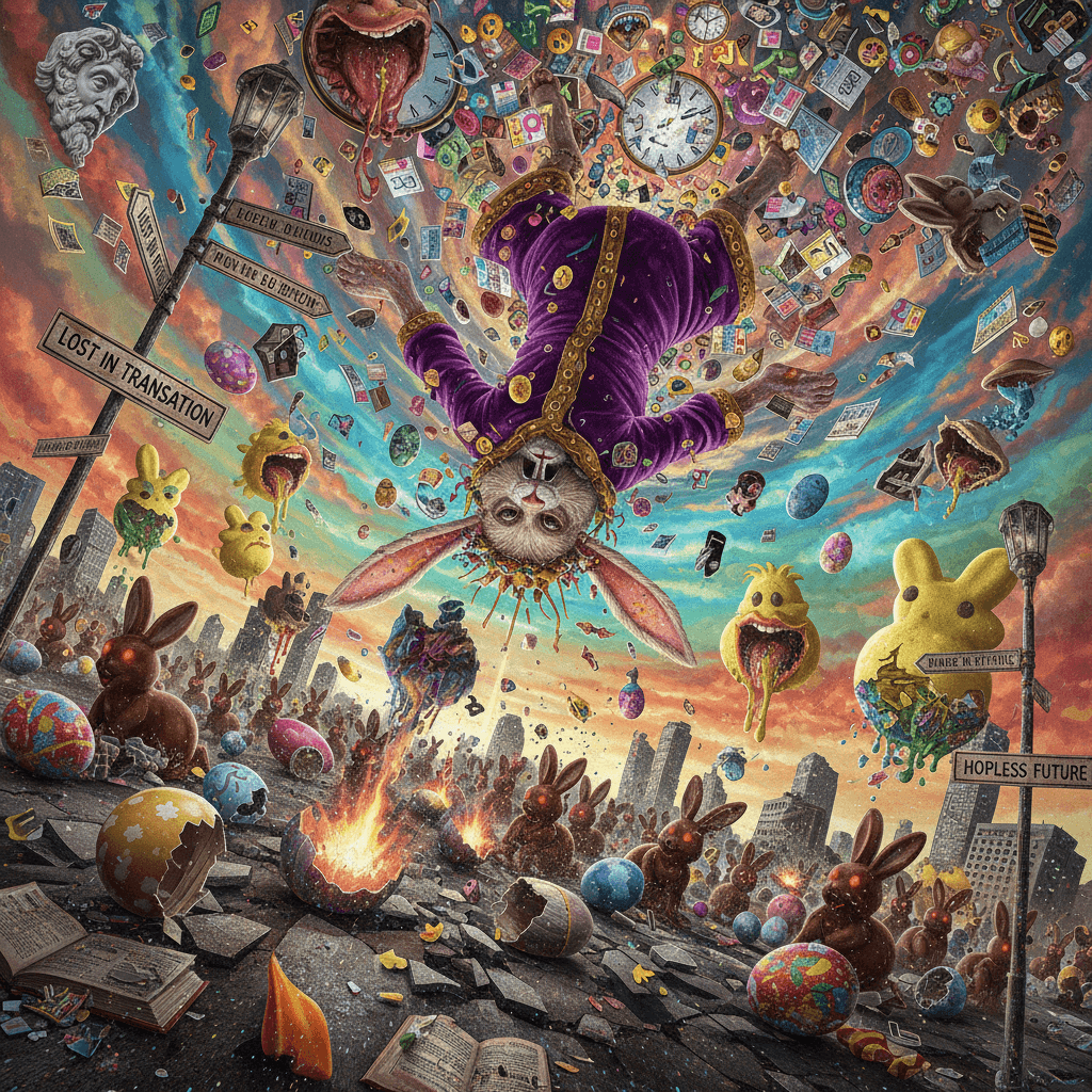 Easter Bunny's descent into linguistic chaos during societal collapse