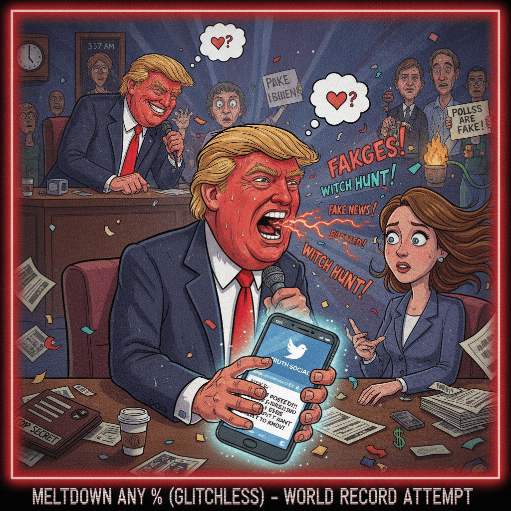 Four-stage meltdown speedrun: lean, blush, scream, Truth Social post