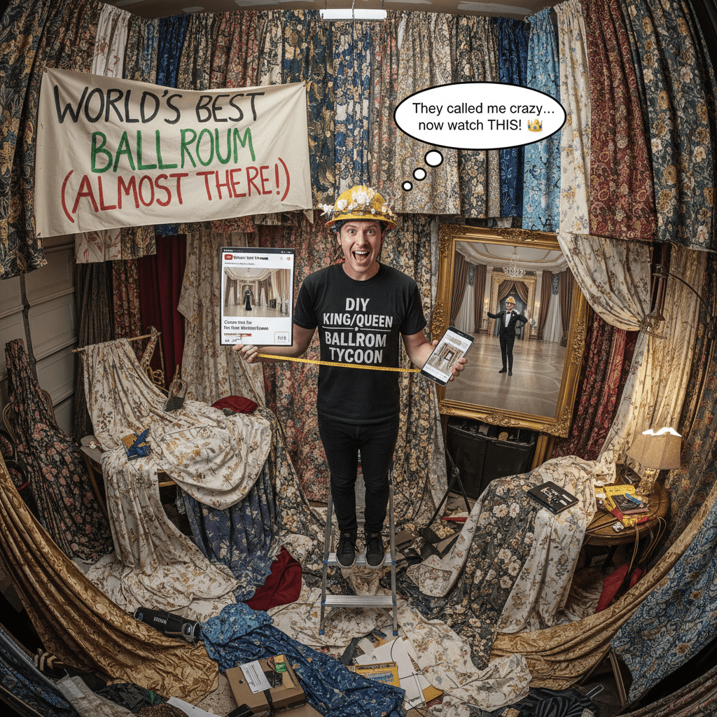 watched one YT vid, saved some curtains, building world's best ballroom (delusional arc)