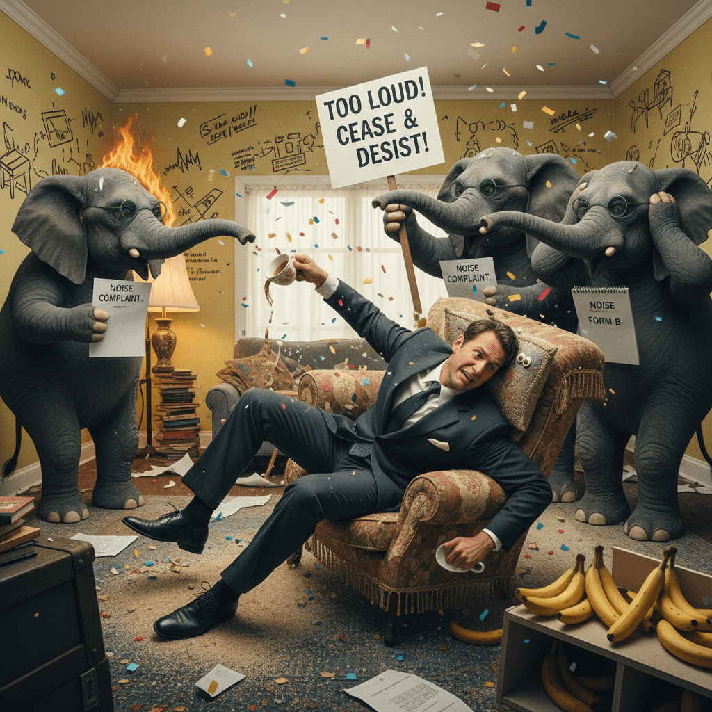 man becomes furniture, elephants file noise complaint