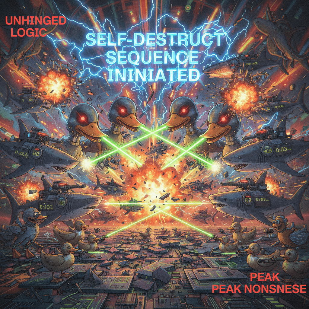 ducks + sharks + lasers + self-destruct = peak unhinged fever dream logic