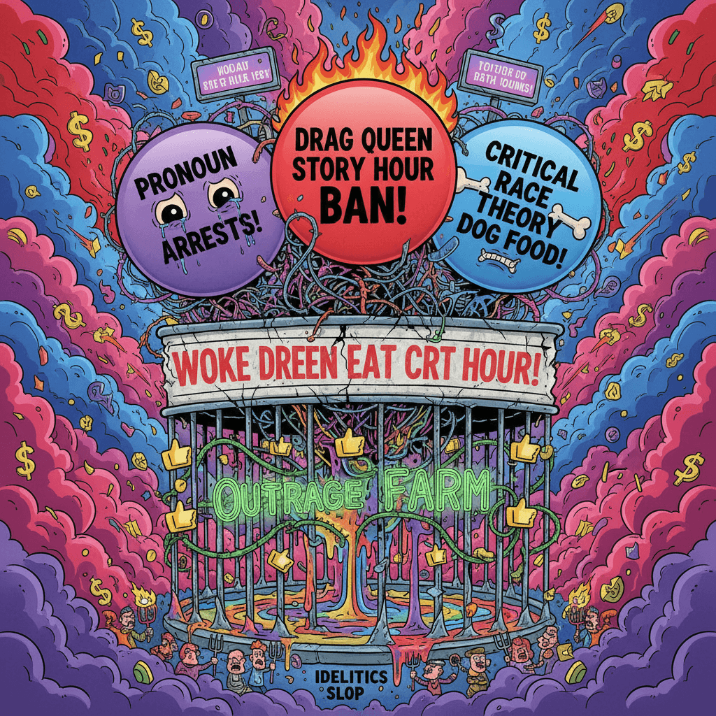 Combining three culture-war buttons into one unhinged headline