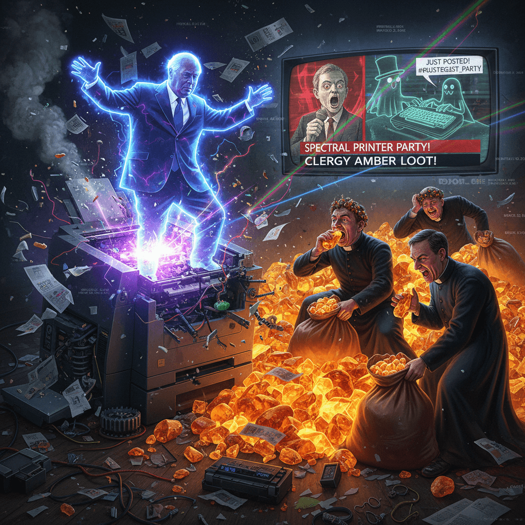Churchill's ghost doing a rave in a broken printer while priests steal amber