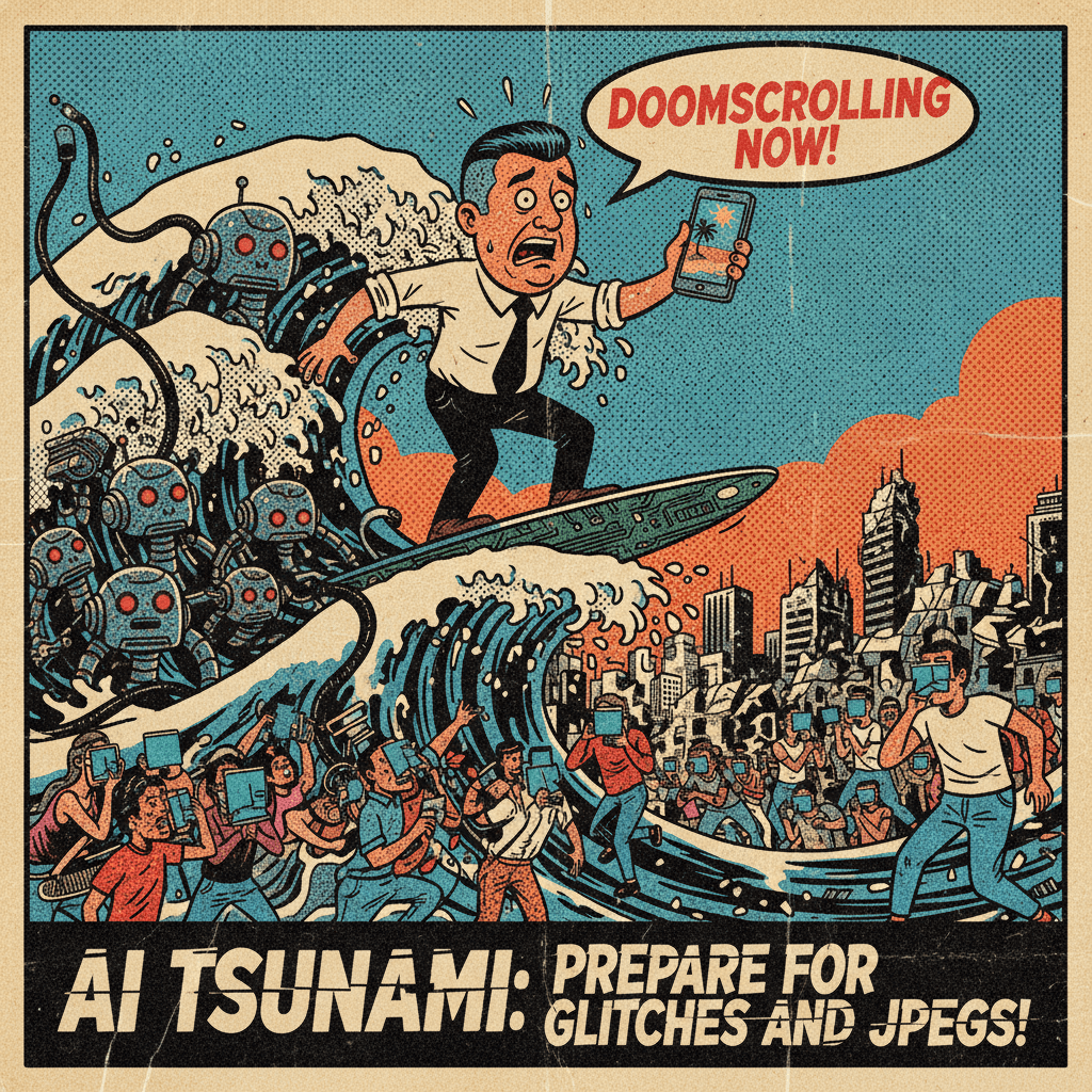 CEO warns of tsunami, proceeds to use stock halftone background