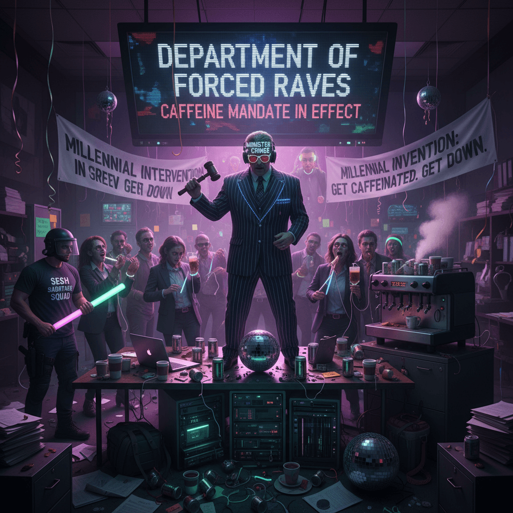 Minister of Cringe establishes dept. of forced raves via caffeine mandate