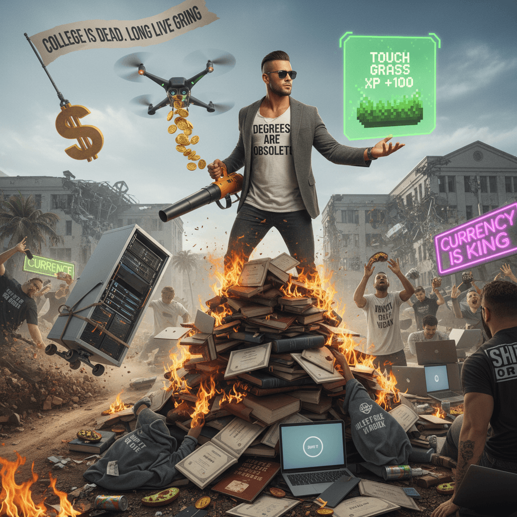 college is dead, ambition is currency, touch grass challenge