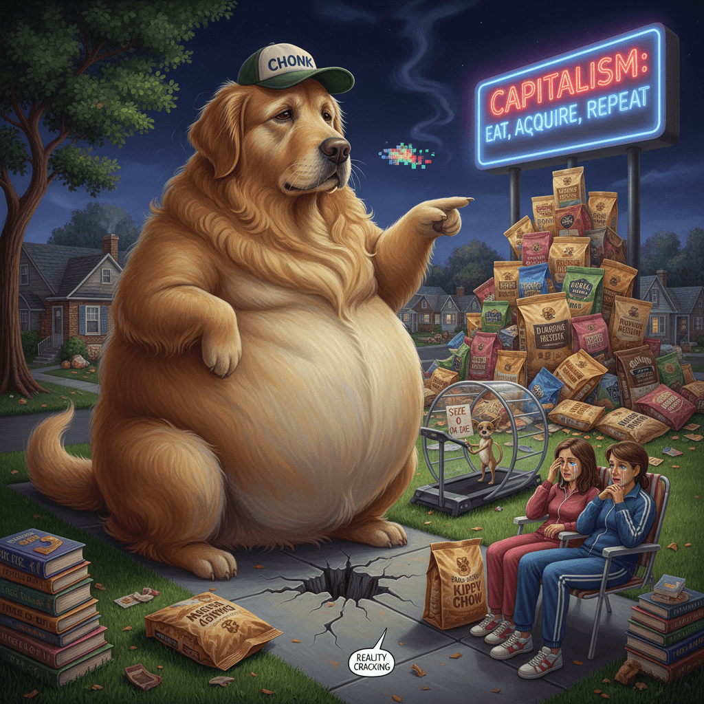 Dog too thicc for reality, blames capitalism instead of kibble