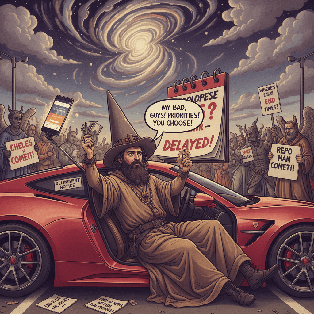 Prophet delays apocalypse for car payment, priorities checked