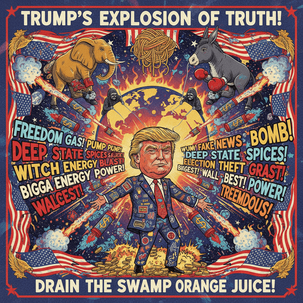 incoherent Trump spam with explosive pump rhetoric and deep state conspiracy seasoning