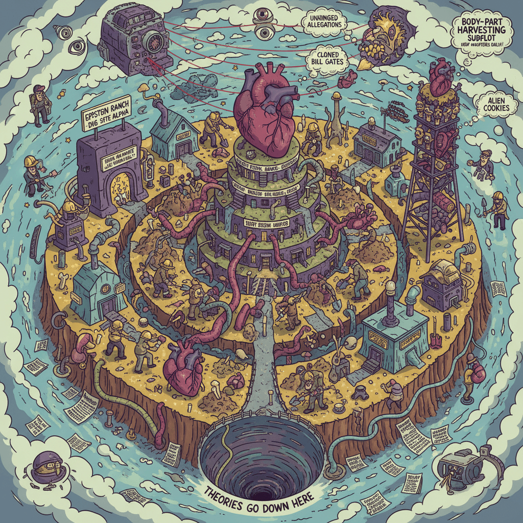 Epstein ranch excavation fanfiction with body-part harvesting subplot