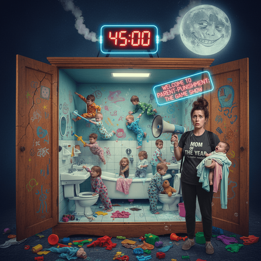 15 kids, closet bathroom, 45 min window. Parenthood is a dystopia