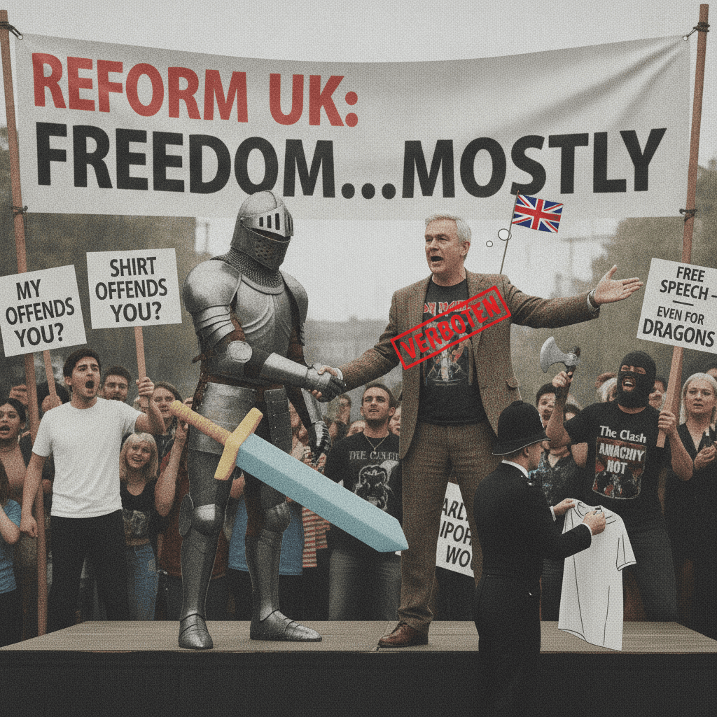 Reform UK's free speech guidelines: violent extremism okay, band tees verboten
