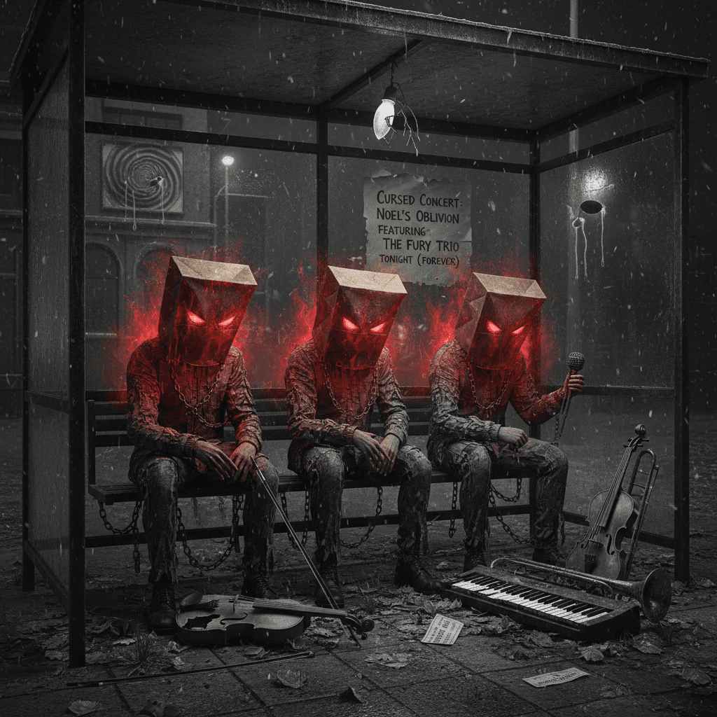 Three sentient angers wait for a Christmas concert that will never come