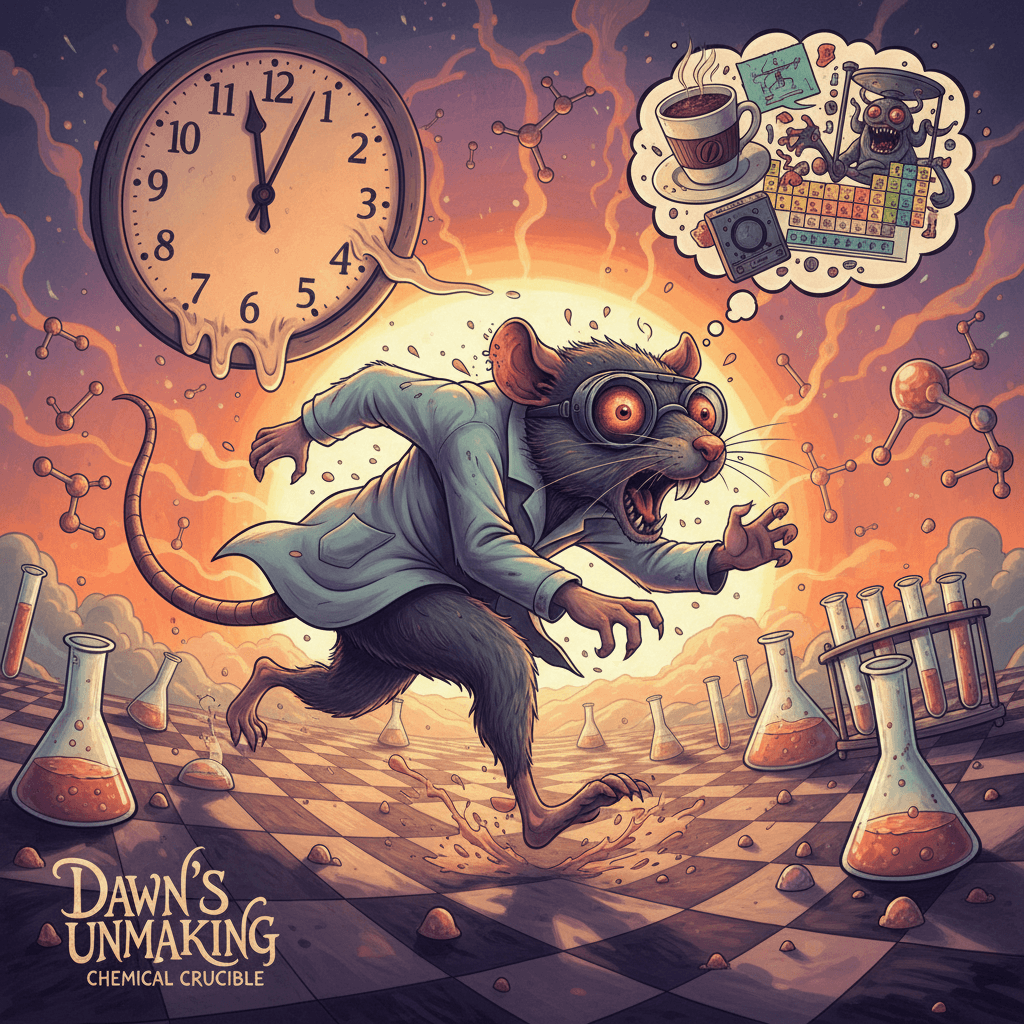 unhinged lab worker experiencing terror at dawn, going hard