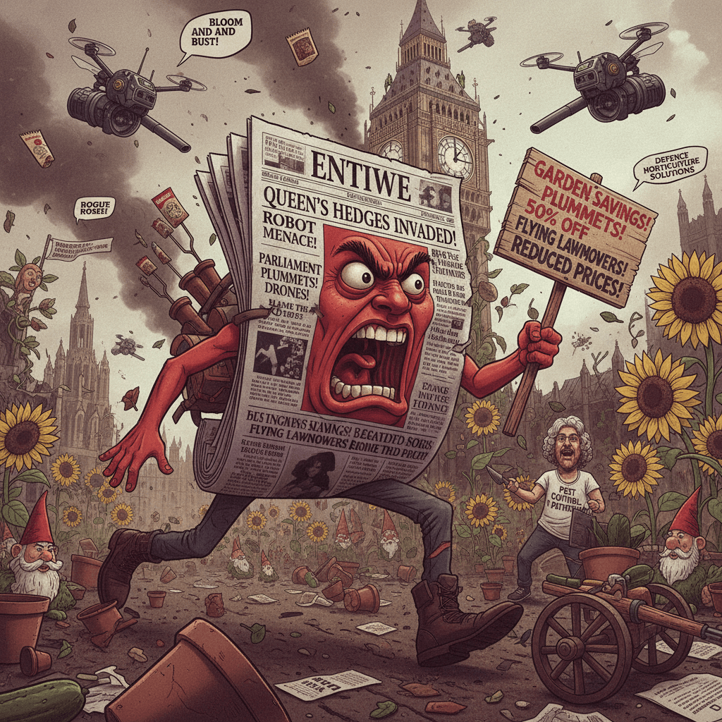 Angry tabloid yells about drones while advertising garden centre discounts