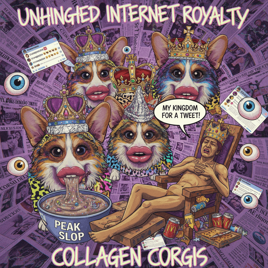 Tabloid fever dream meets coronation coronary: corgis crowned, logic dethroned