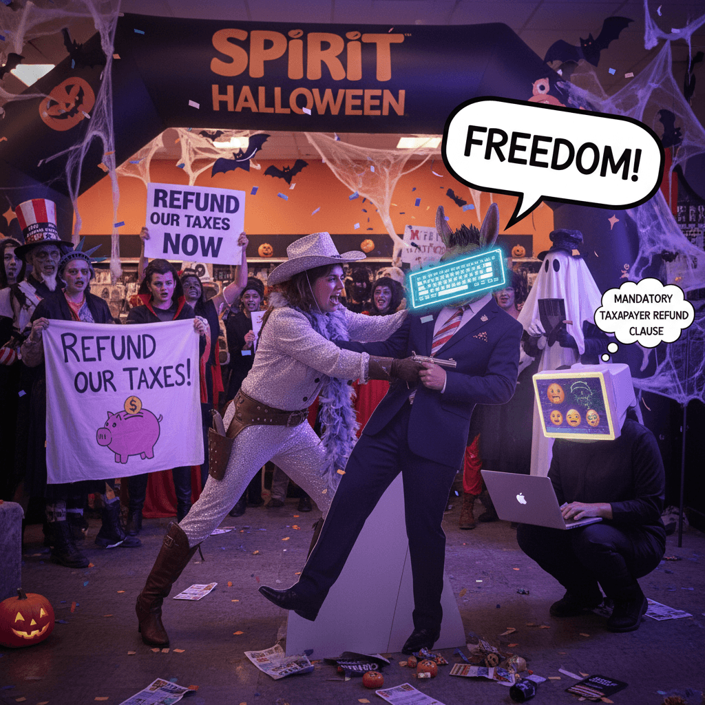 Spirit Halloween cowgirl takedown with mandatory taxpayer refund clause