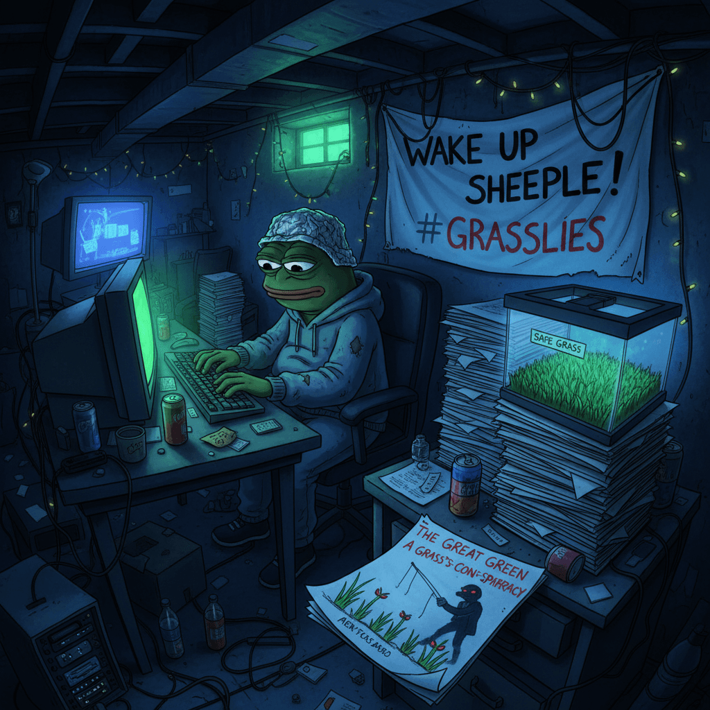 pepe discovers grass is actually a deep state psyop, files 47-page manifesto