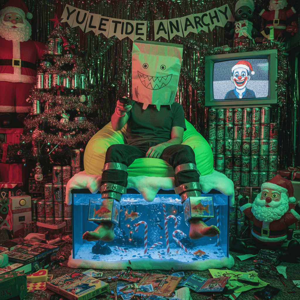 feet go fish tank, face goes bag, Christmas goes unhinged