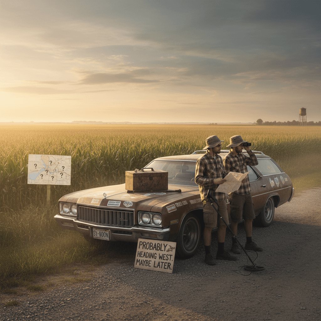 cryptic road trip announcement with zero context or urgency