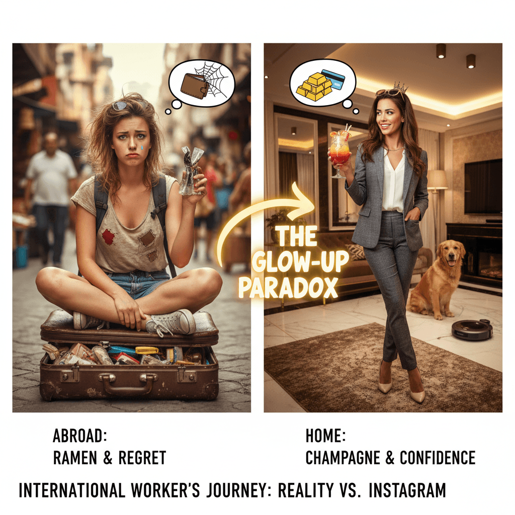broke abroad, bougie back home—the international worker's glow-up paradox