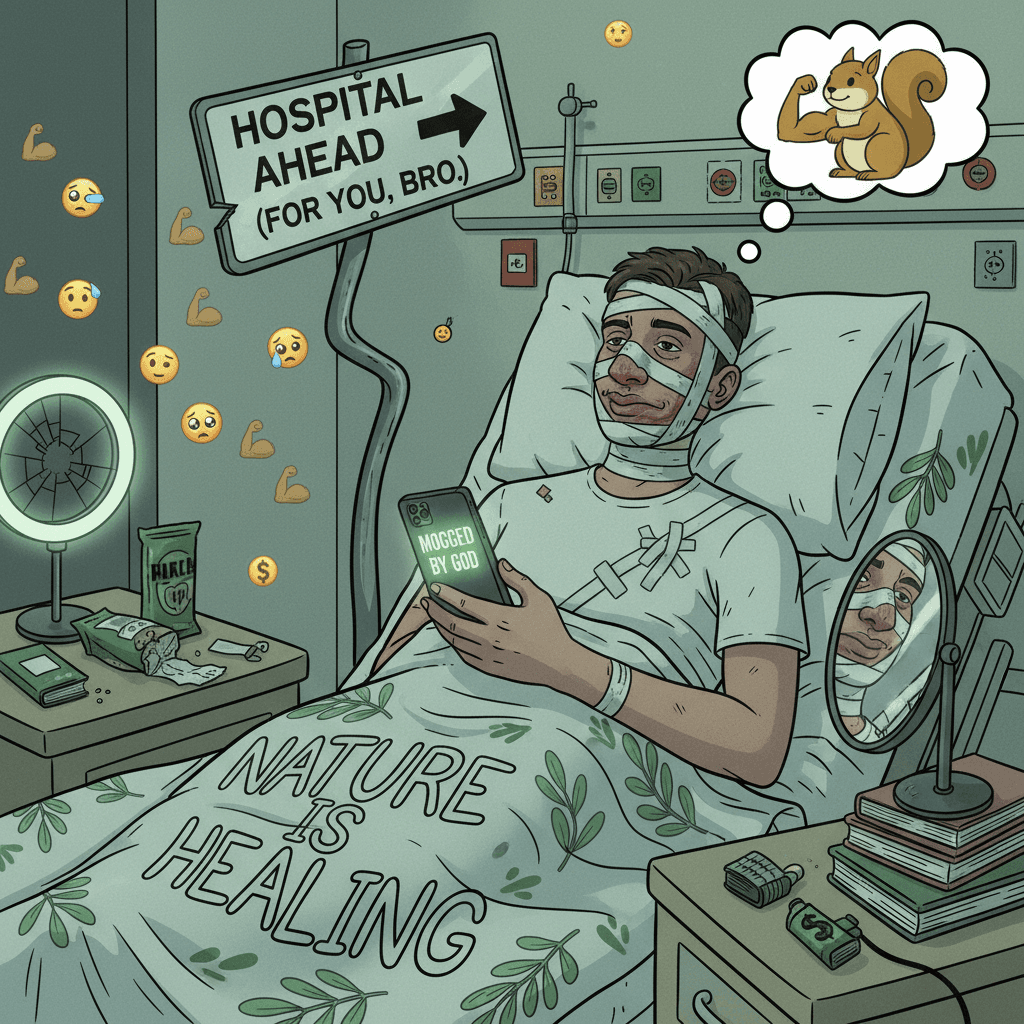 street sign perfectly predicts looksmaxxer's hospital visit, nature is healing