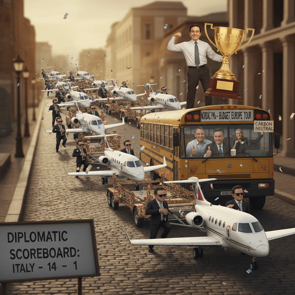 14 planes to Italy vs. Nordic PMs on the bus, real subtle flex