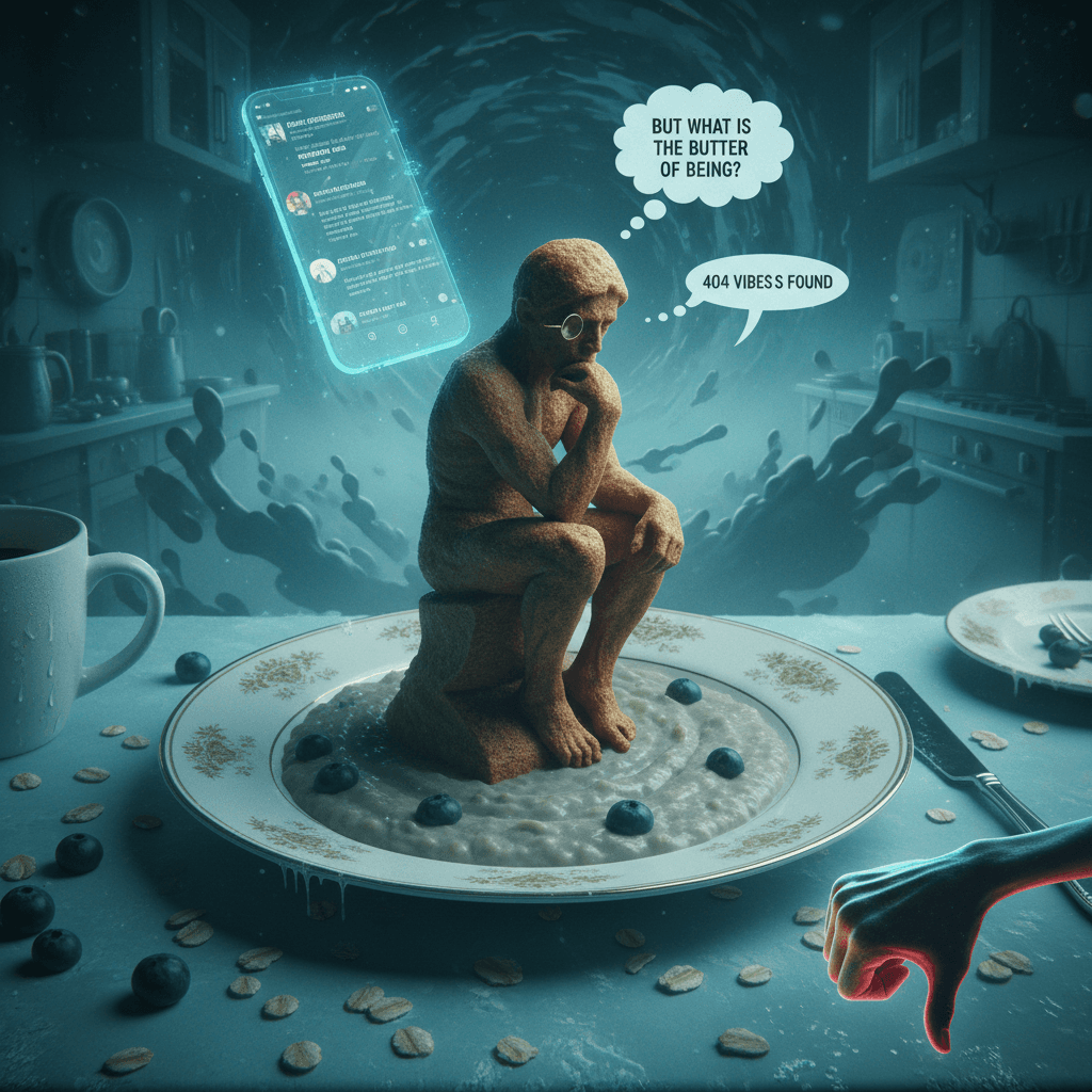 toast existentialism meets cold dread, somehow both pretentious and unhinged