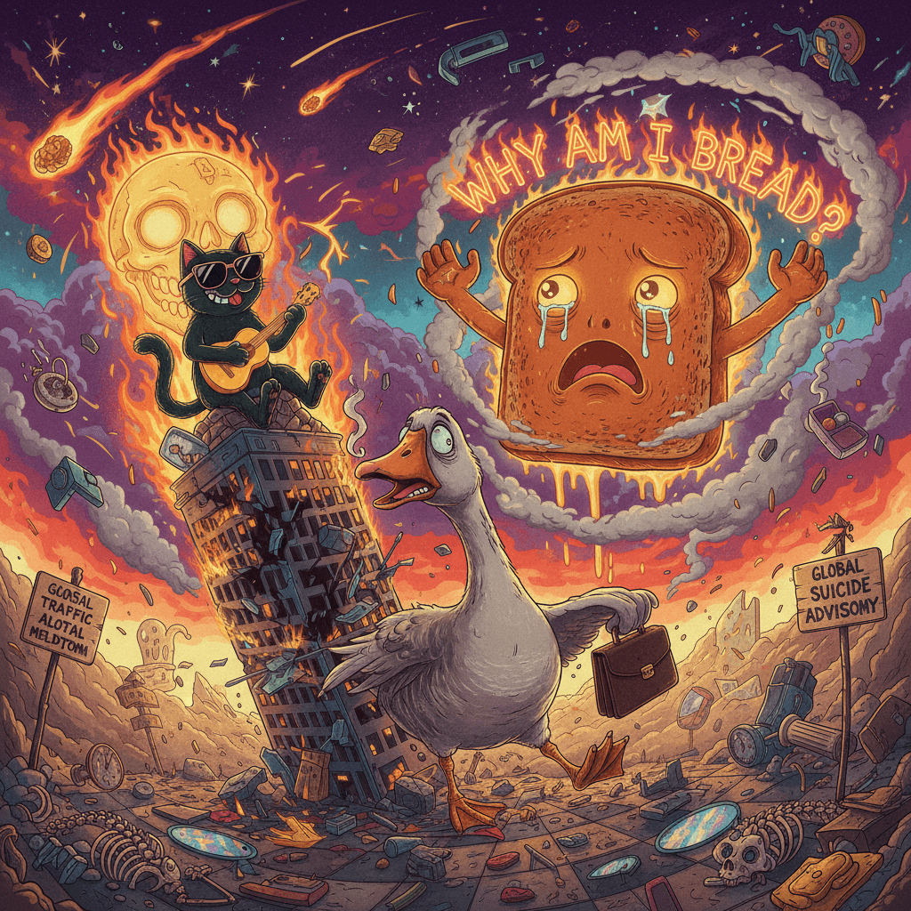 goose in crisis, toast having existential breakdown, cat vibing in arson