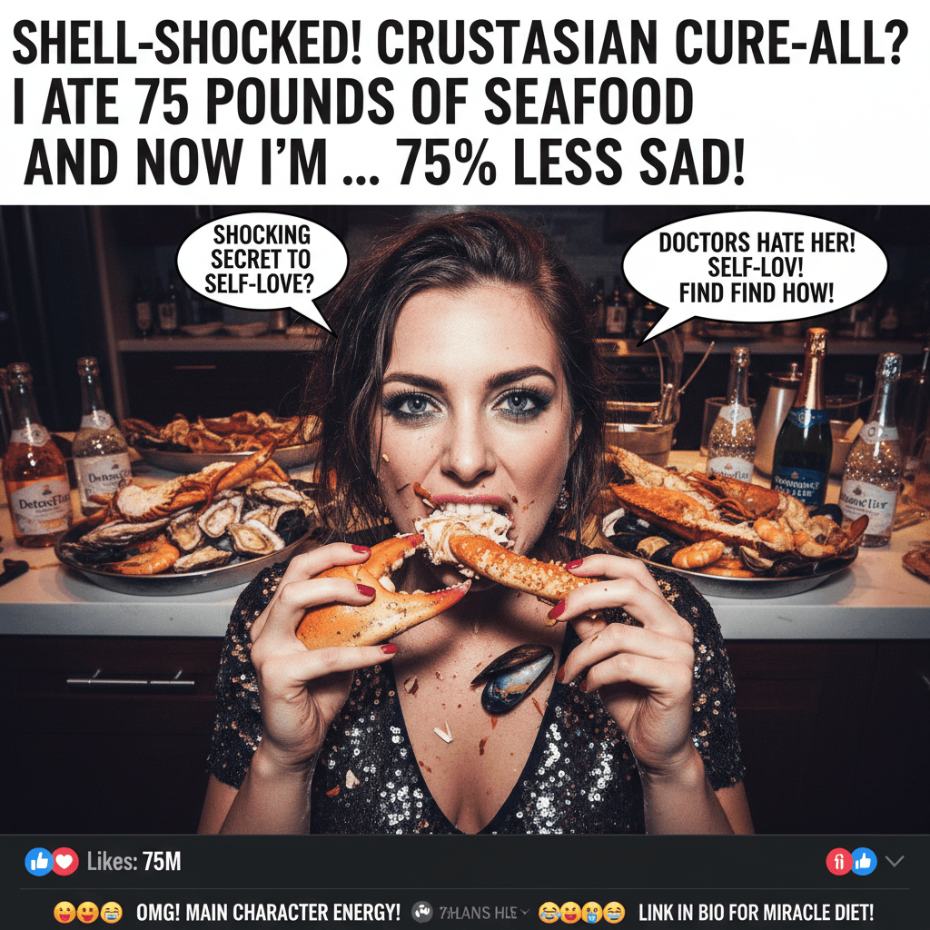 woman eats shellfish, 75% effective at making her feel better about herself