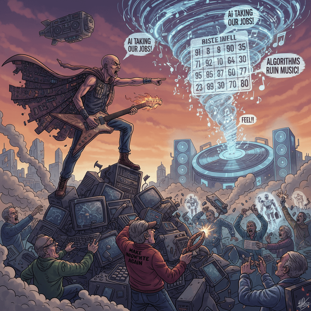 Bald man dramatically opposes the robot music industrial complex