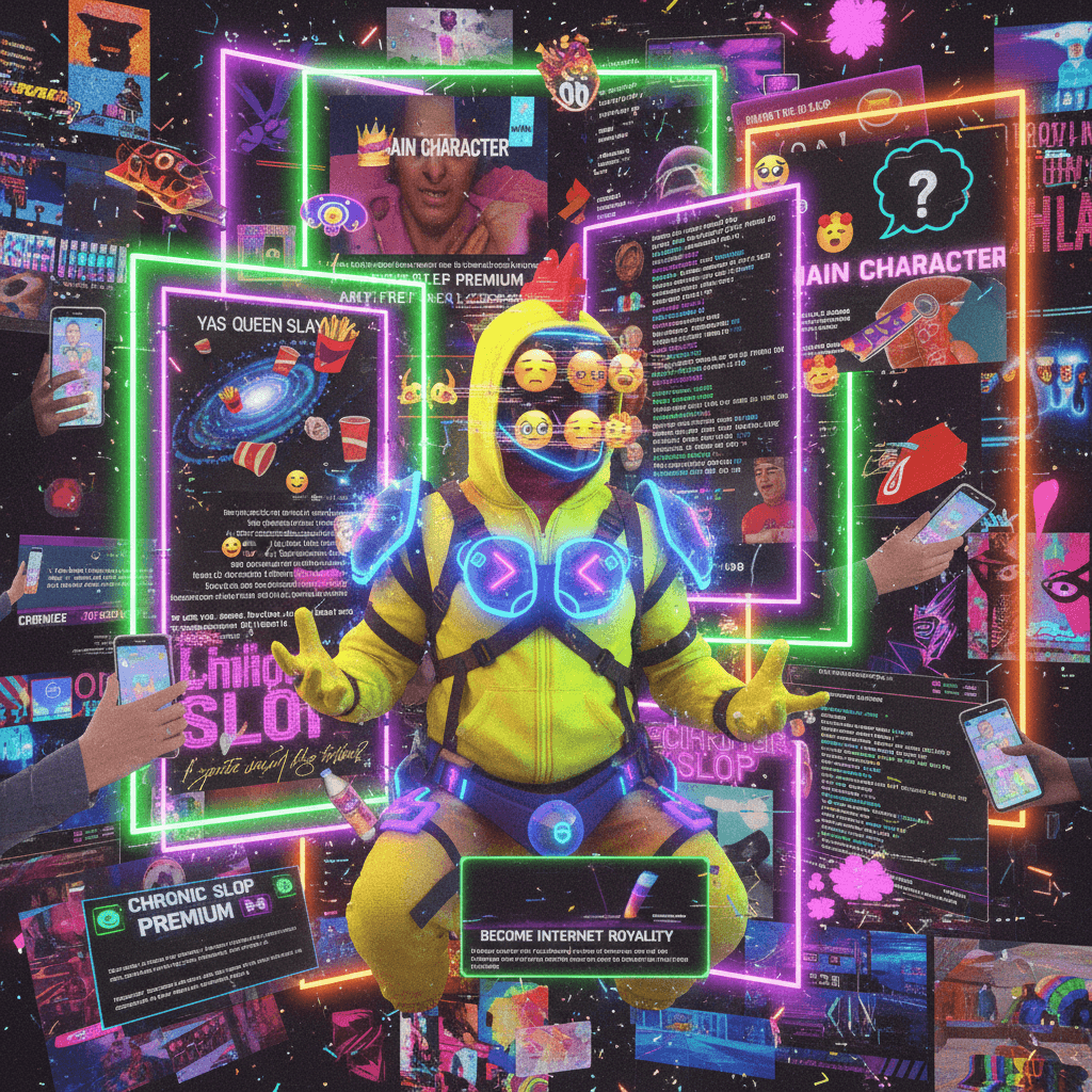 peak internet slop: neon frames, personality fragments & chicken suit existentialism