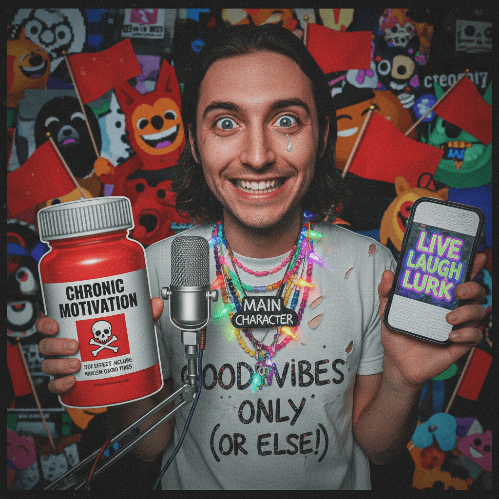 Wholesome podcast or hostage situation? The smile says yes, the text says drugs