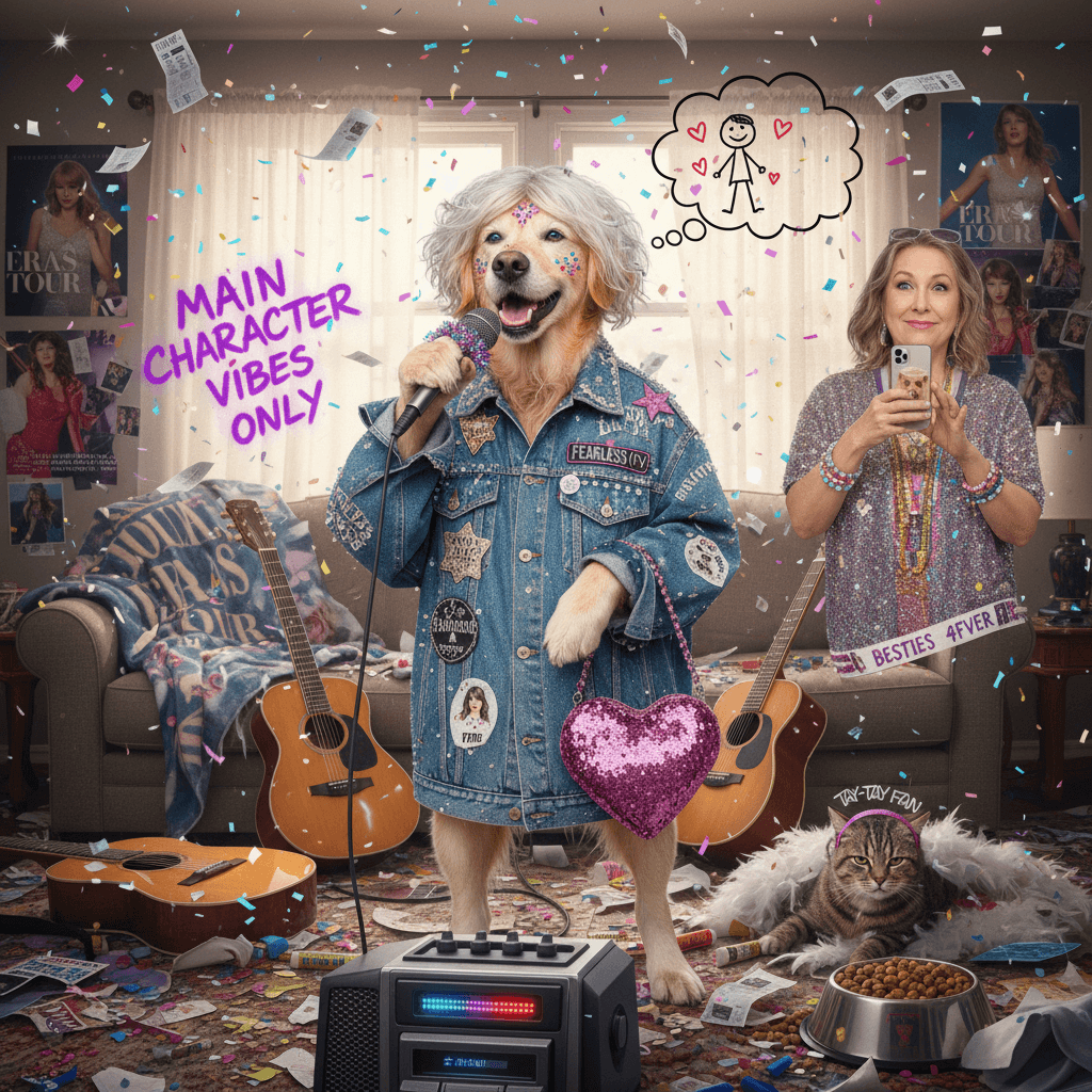 elderly dog becomes insufferable Taylor Swift stan, fashion victim