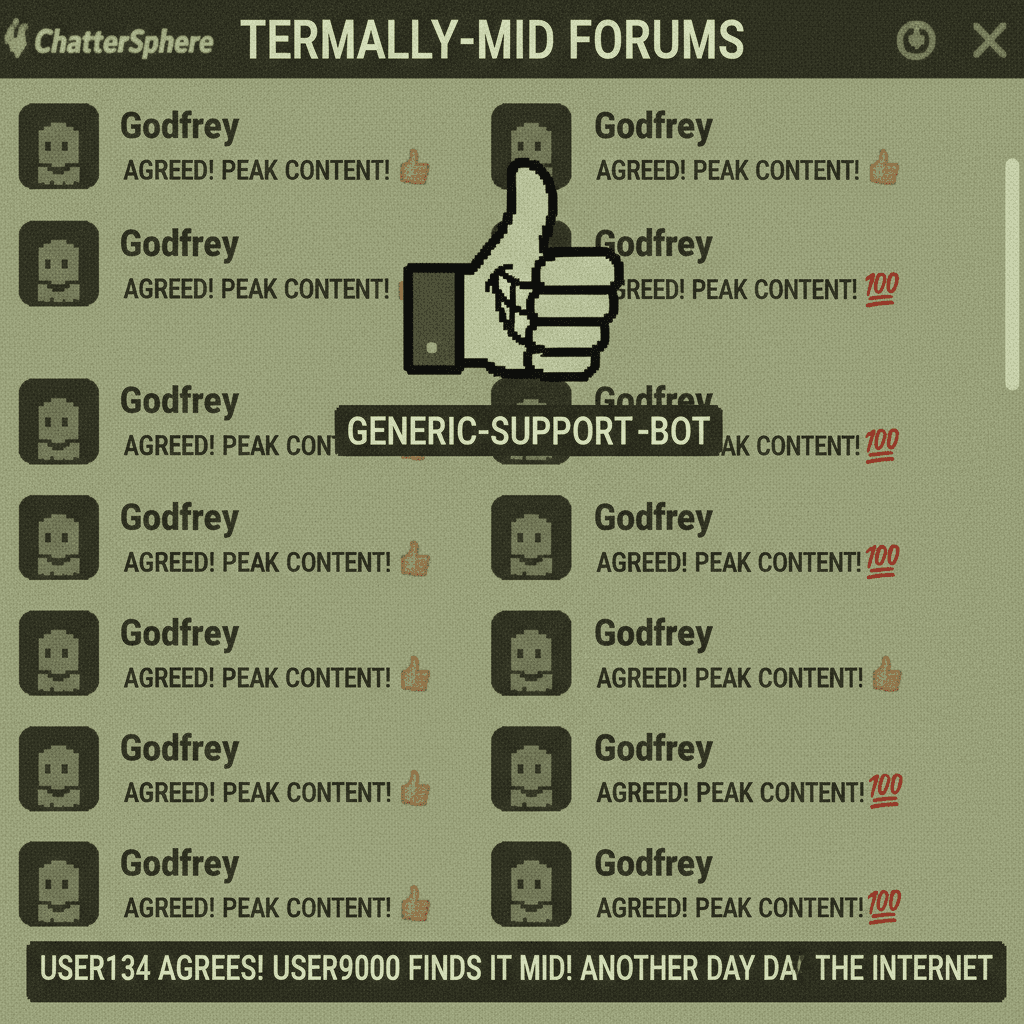 Enthusiastically agreeing with someone named Godfrey, peak content