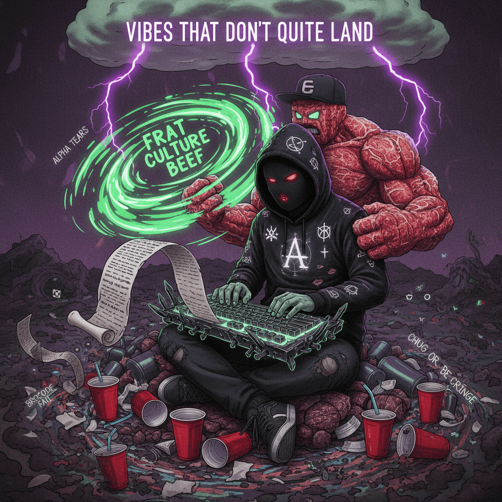 toxic edgelord word salad with frat culture beef and vibes that don't quite land