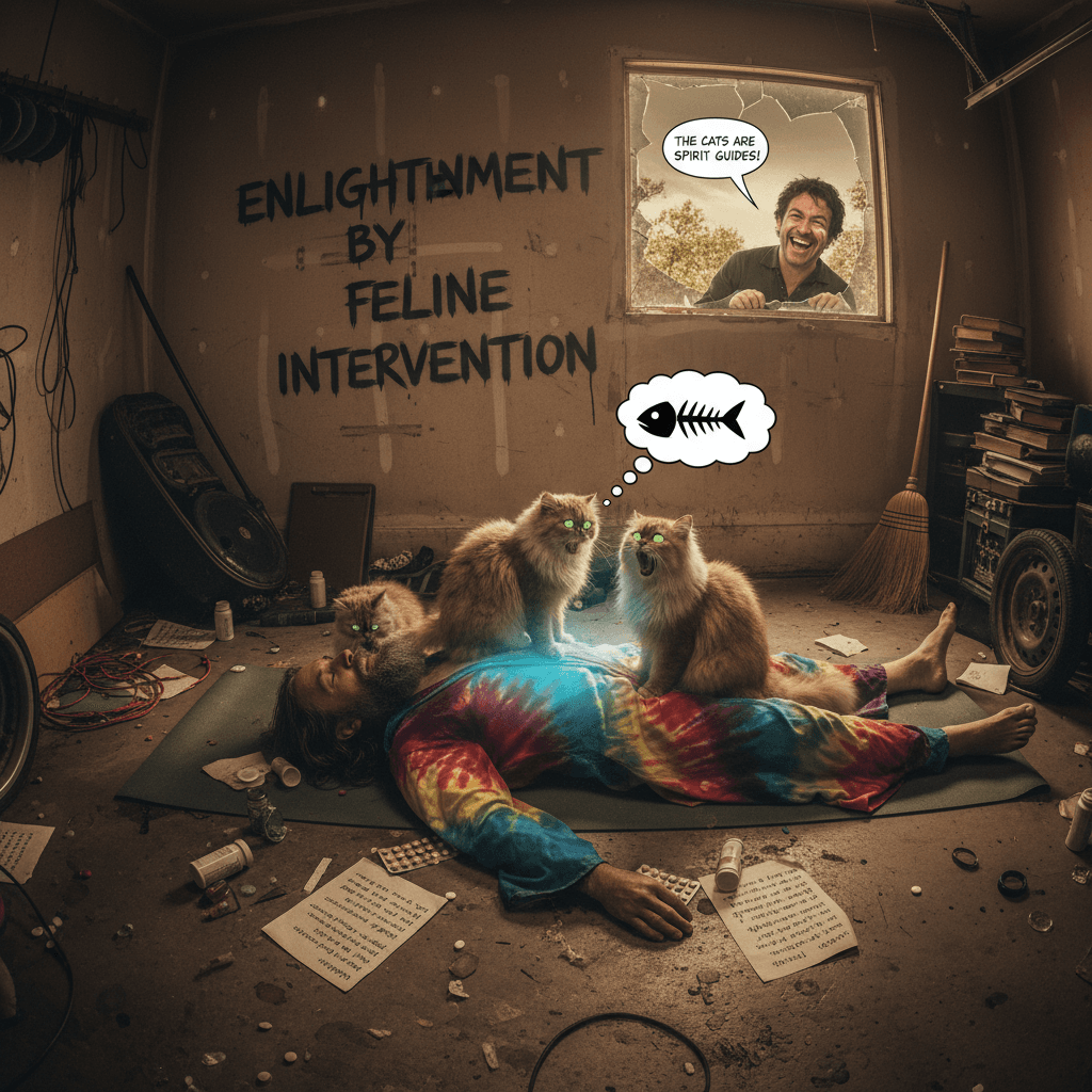 Overdose poetry: man motionless 4hrs, cats meow, neighbor laughs