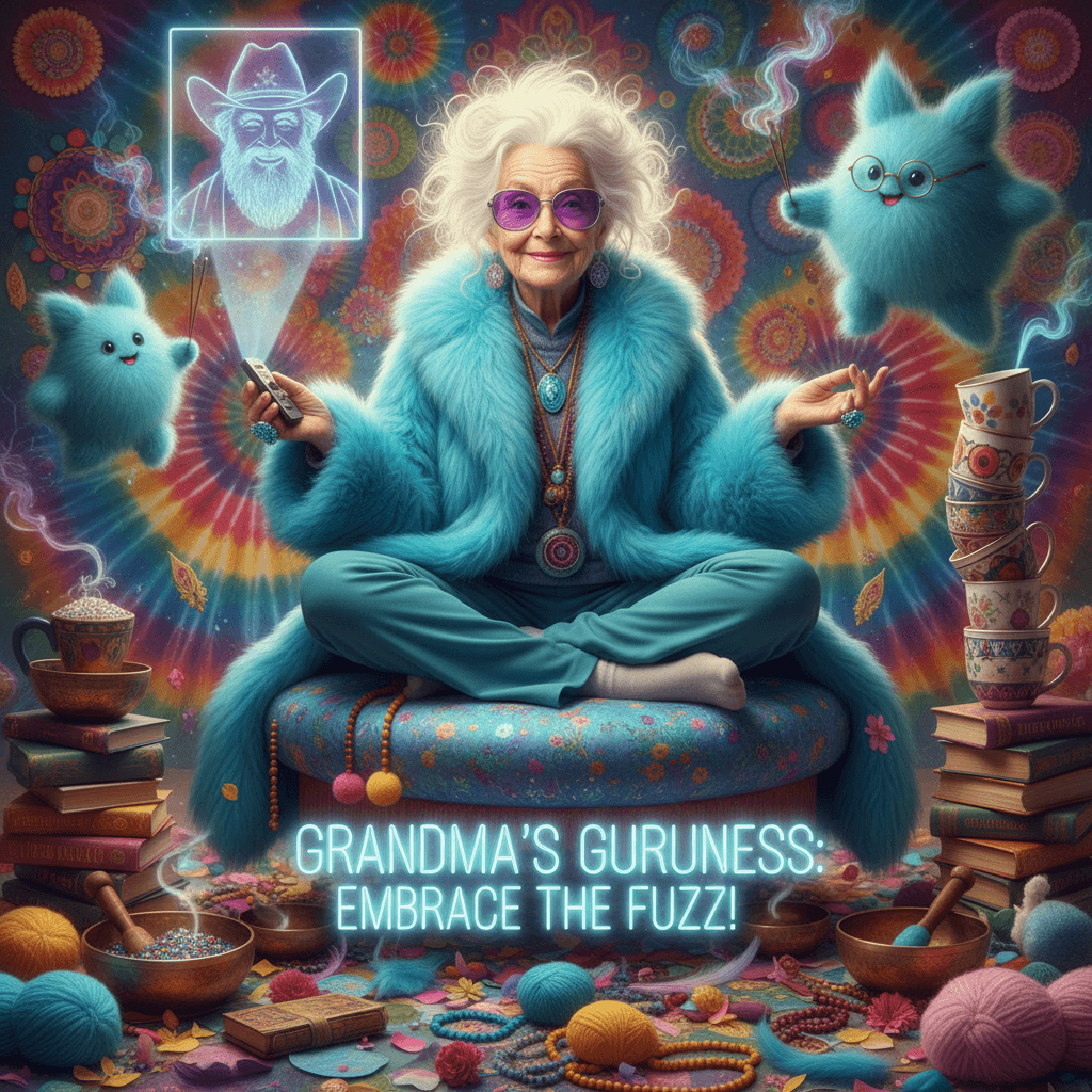 Grandma channeling Ram Dass energy in turquoise fuzz