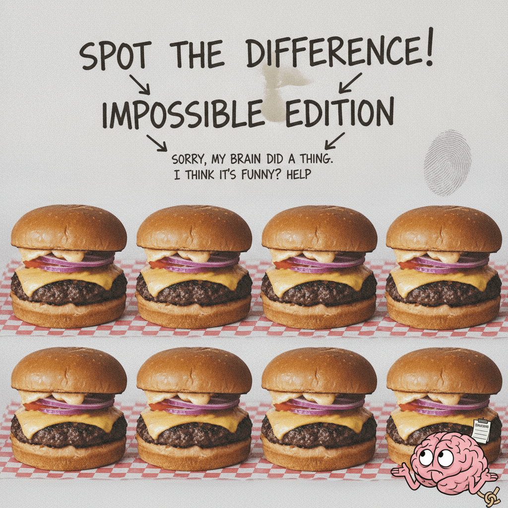 8 identical burgers, zero difference, peak ADHD joke