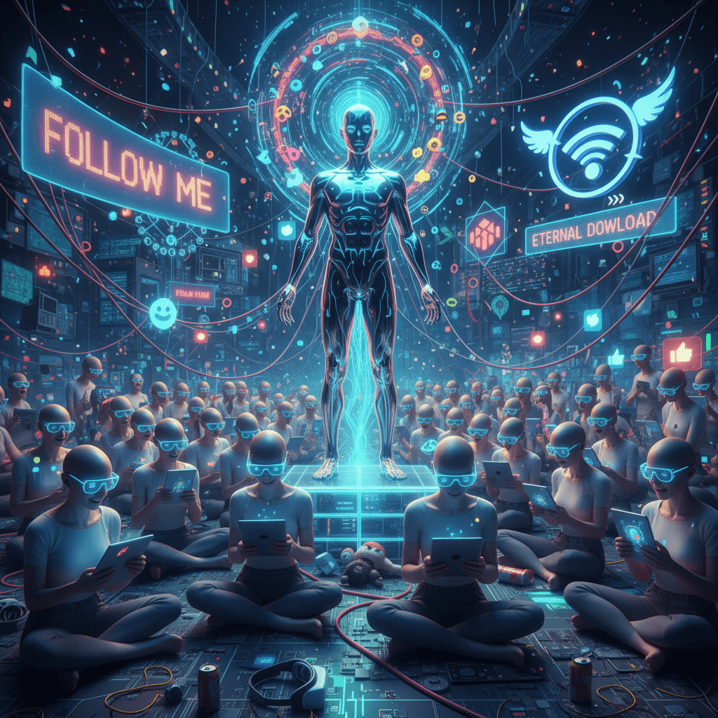 Pod-lord preaches digital transcendence to bald congregation, extremely online now