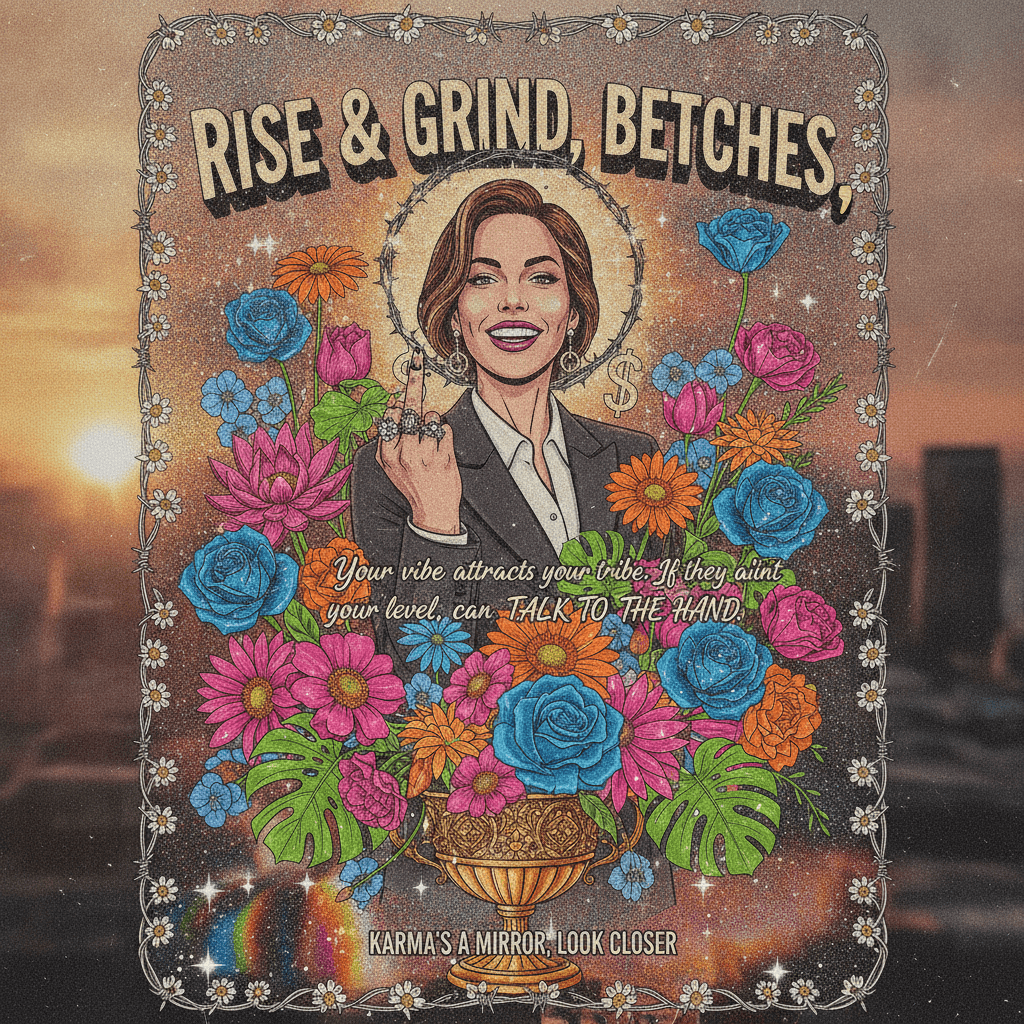 Motivational poster meets middle finger energy, now with 40% more floral chaos