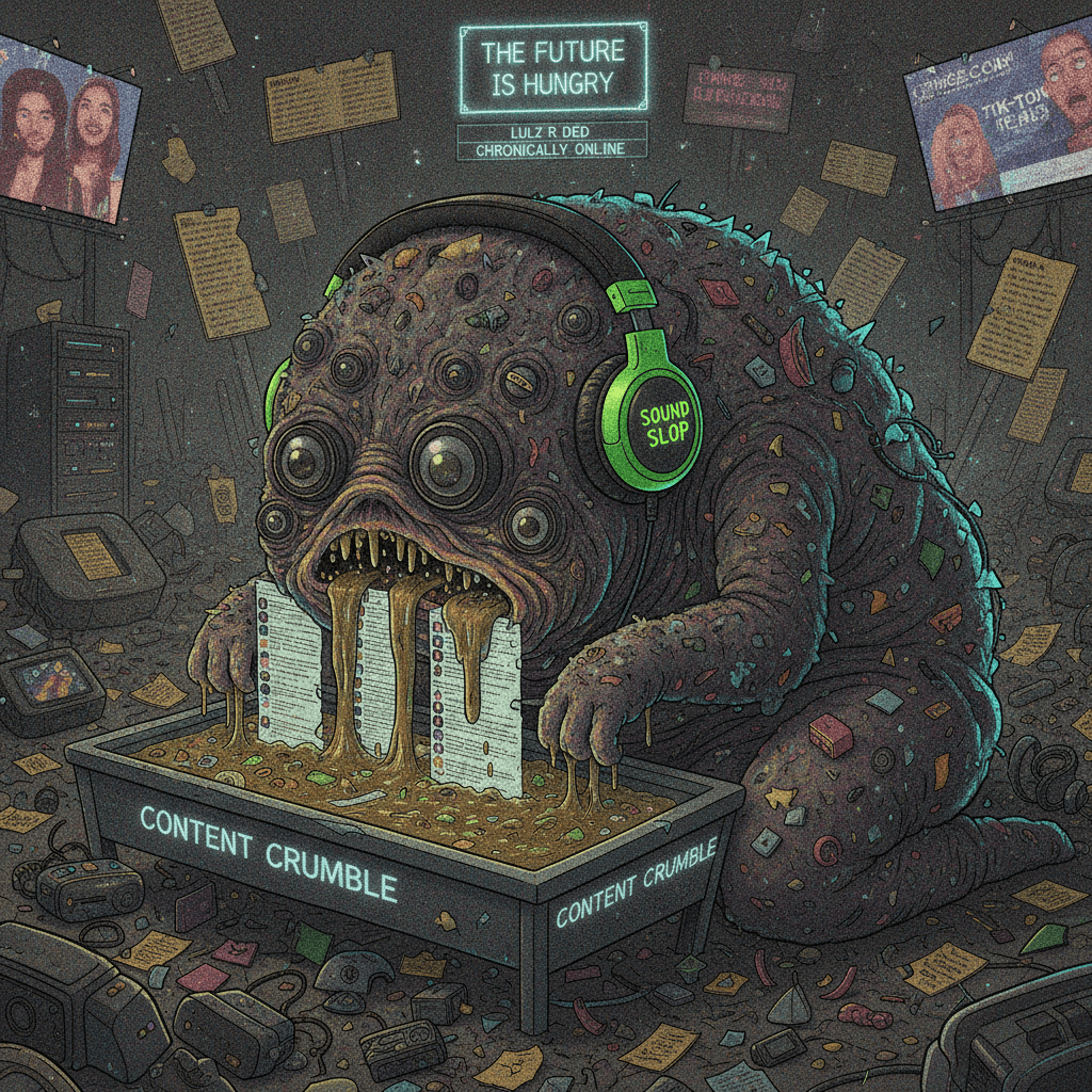 the future is not now, it's a trash-eating creature with headphones