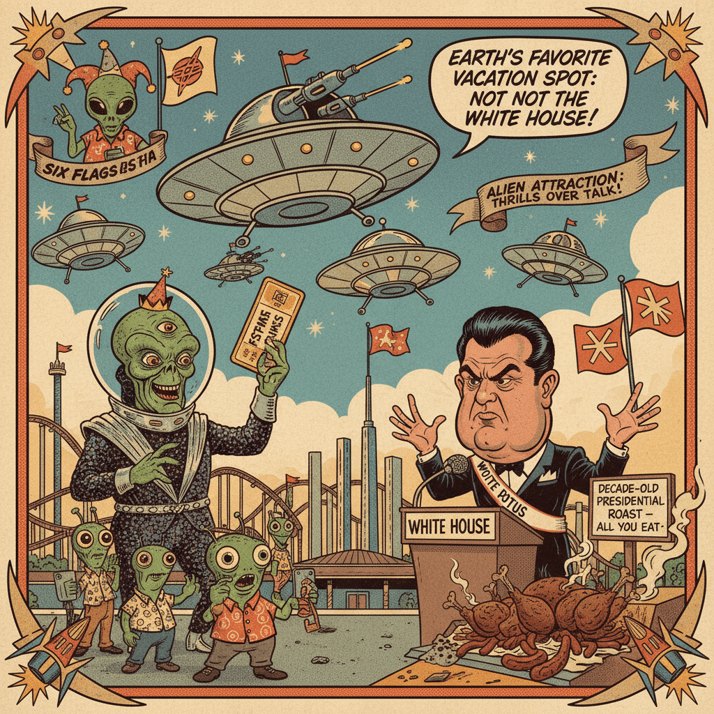 Aliens choose Six Flags over POTUS, decade-old political roast included