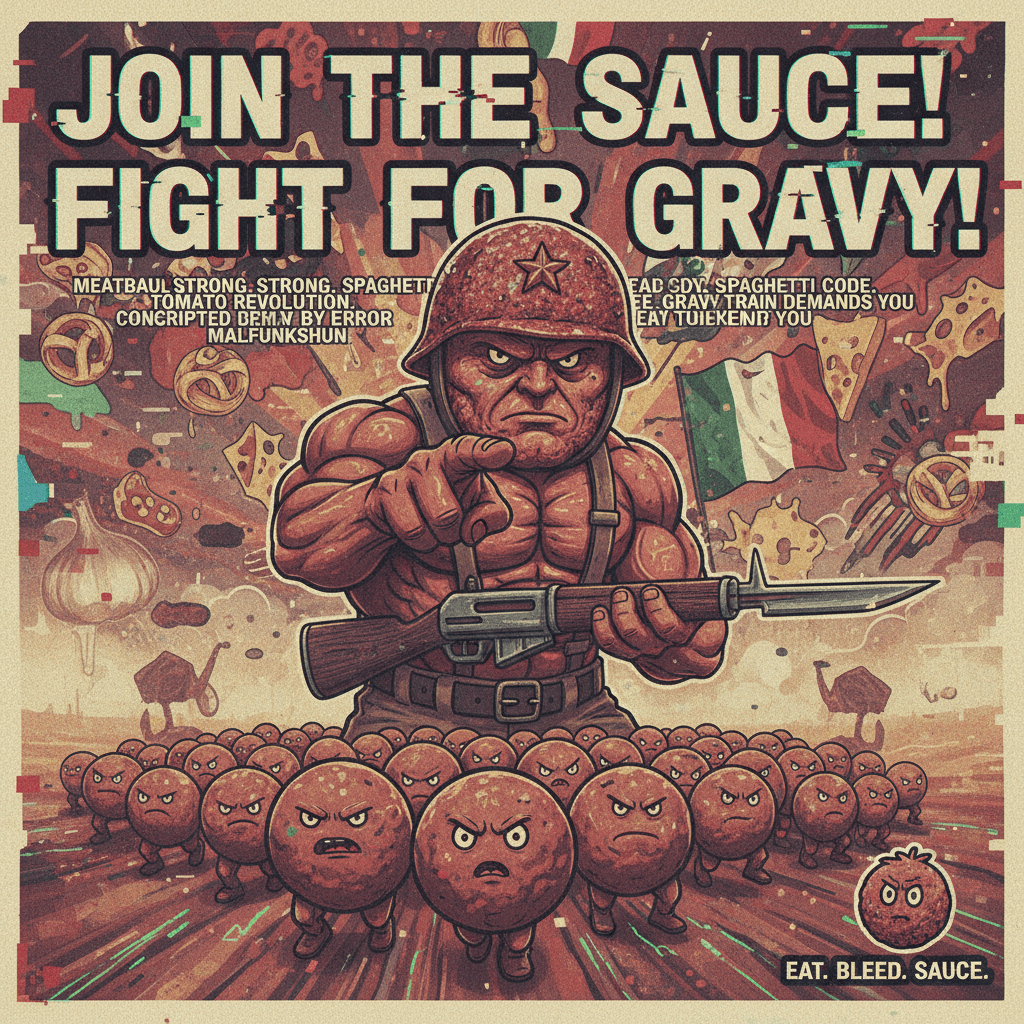 Meatball conscription poster decoded by a malfunctioning text-to-speech engine