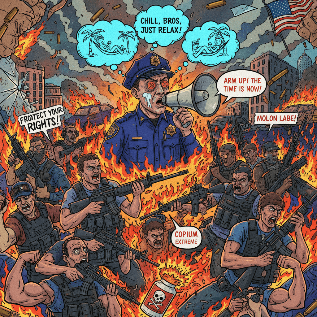 cop tells other cops to chill, cop tells everyone else to arm up