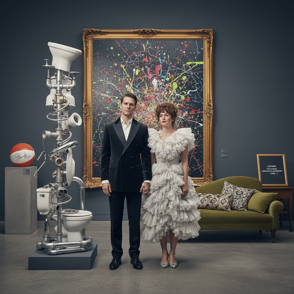 Two people stand uncomfortably near some art they probably own